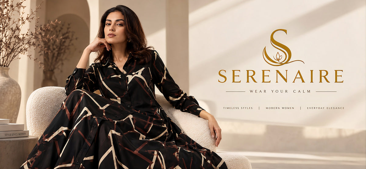 SERENAIRE - woman seated in a black and cream printed workwear dress