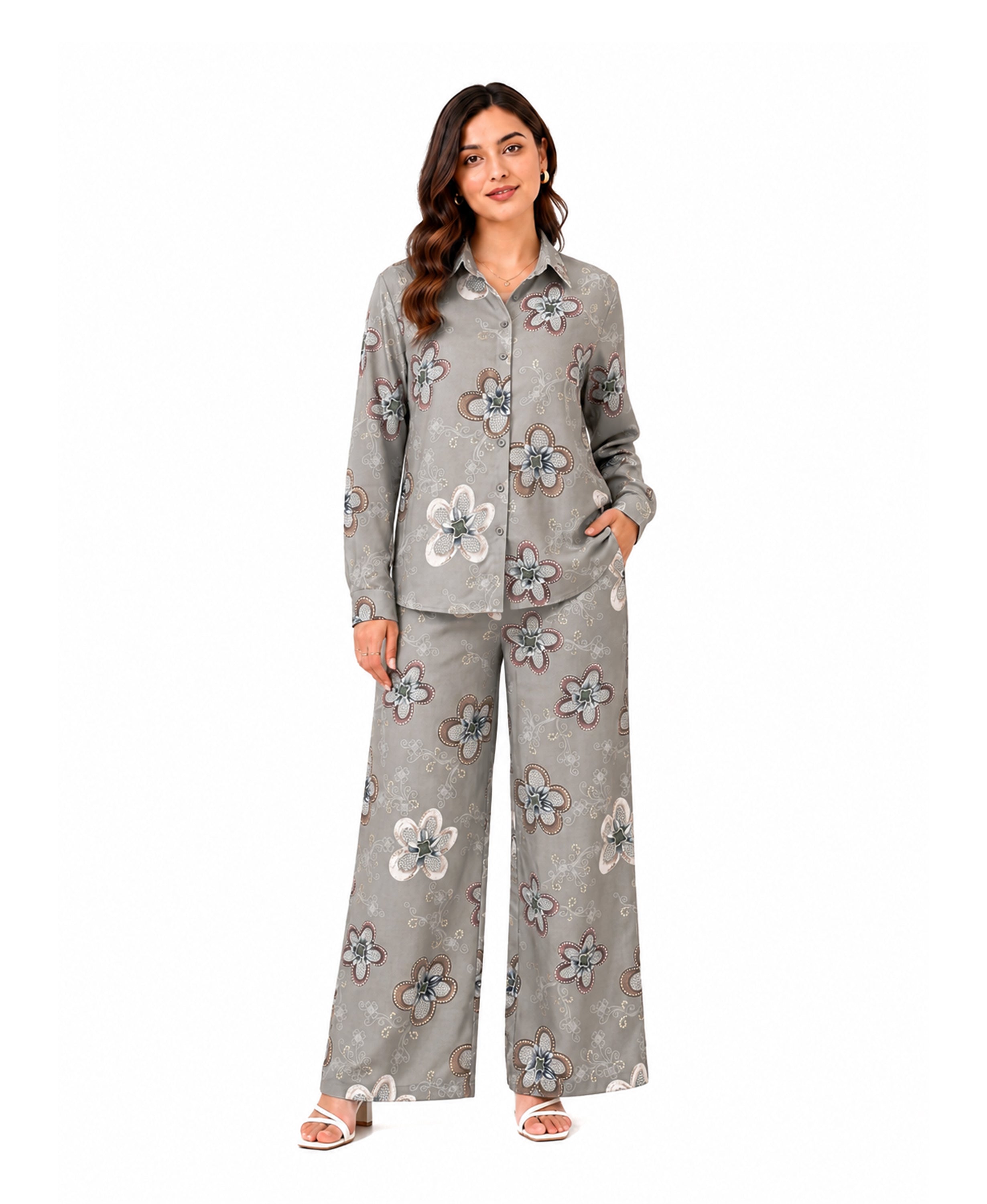 Serenaire Celeste Botanical Bloom Co-ord Set in Grey — look 1