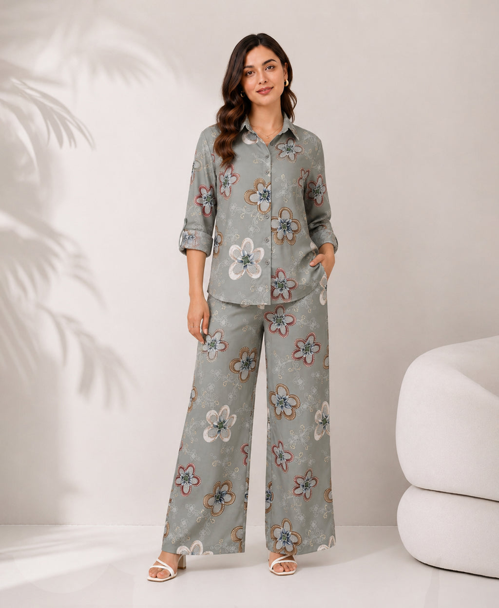 Serenaire Celeste Botanical Bloom Co-ord Set in Grey — look 3
