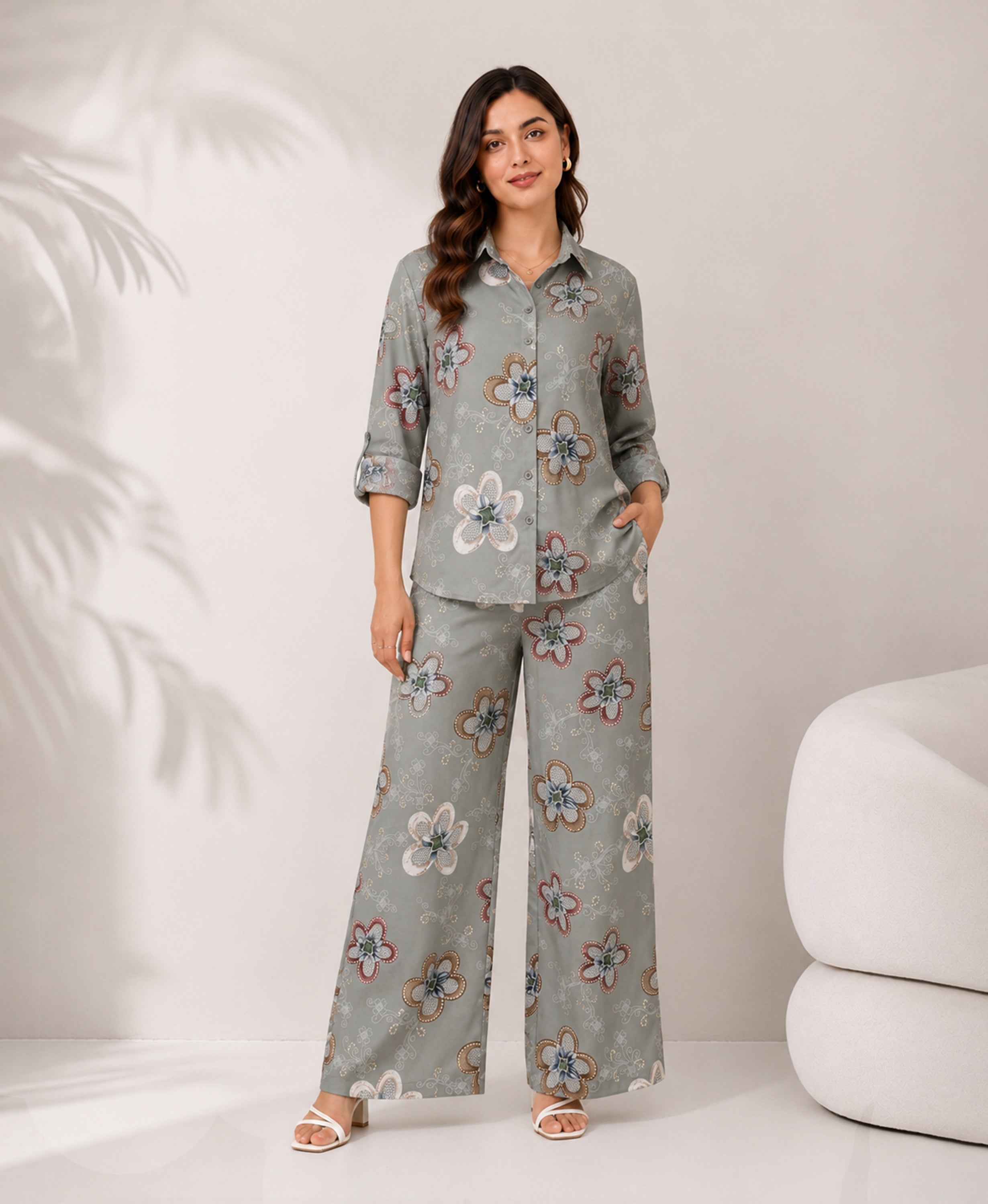 Serenaire Celeste Botanical Bloom Co-ord Set in Grey — look 3
