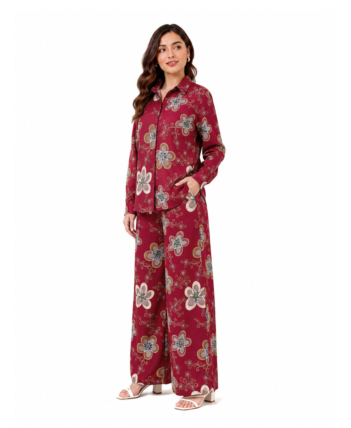 Serenaire Celeste Botanical Bloom Co-ord Set in Maroon — look 1
