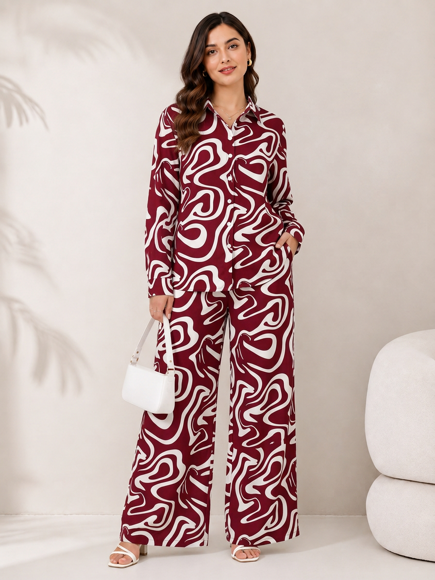 Serenaire Celeste Mystic Curve Co-ord Set in Maroon — look 1