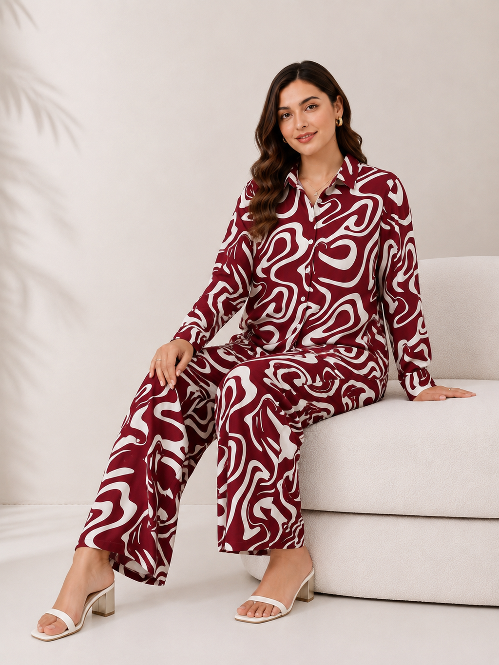 Serenaire Celeste Mystic Curve Co-ord Set in Maroon — look 3