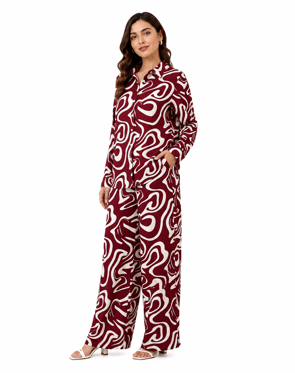 Serenaire Celeste Mystic Curve Co-ord Set in Maroon — look 4