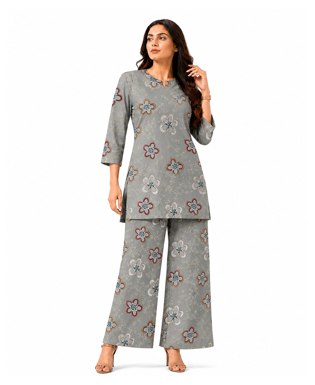 Serenaire Elara Blossom Cluster Tunic Co-ord Set in Grey — look 1