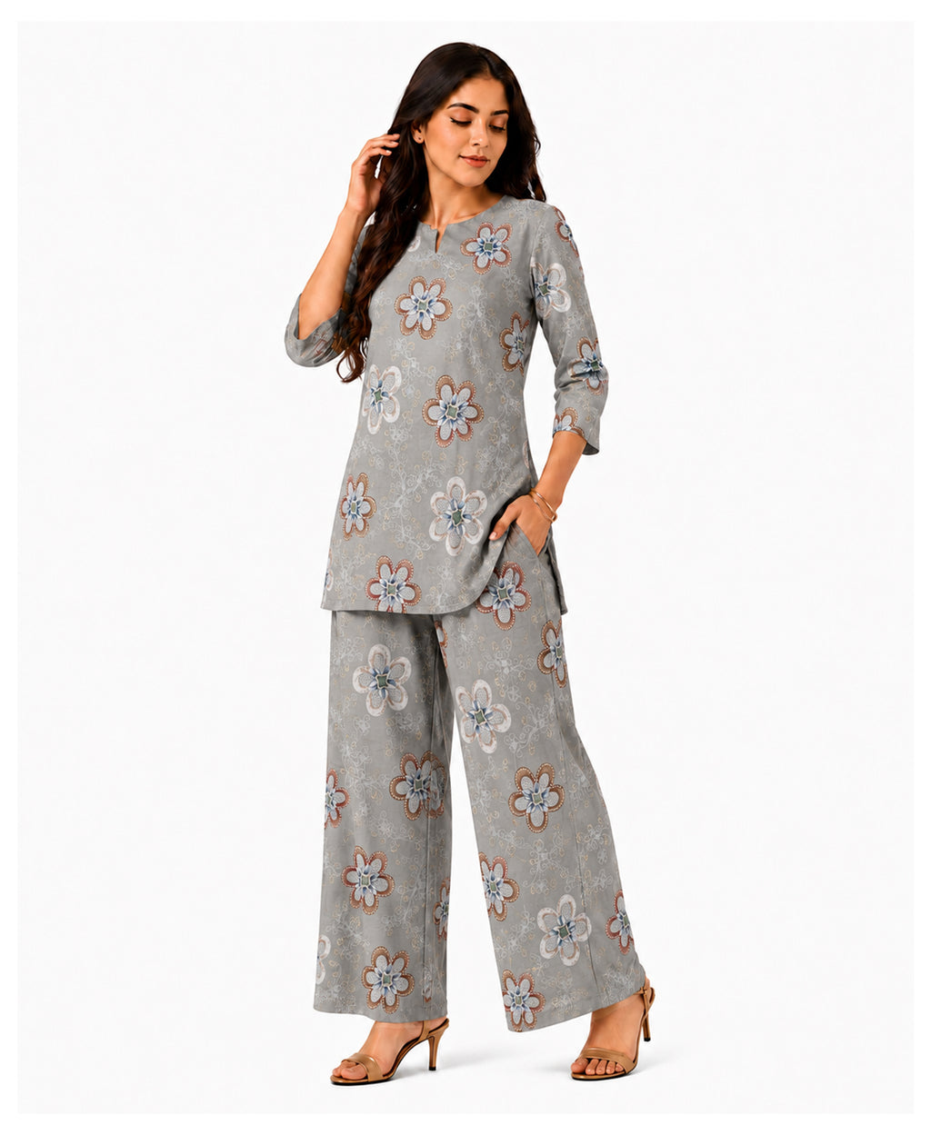 Serenaire Elara Blossom Cluster Tunic Co-ord Set in Grey — look 4
