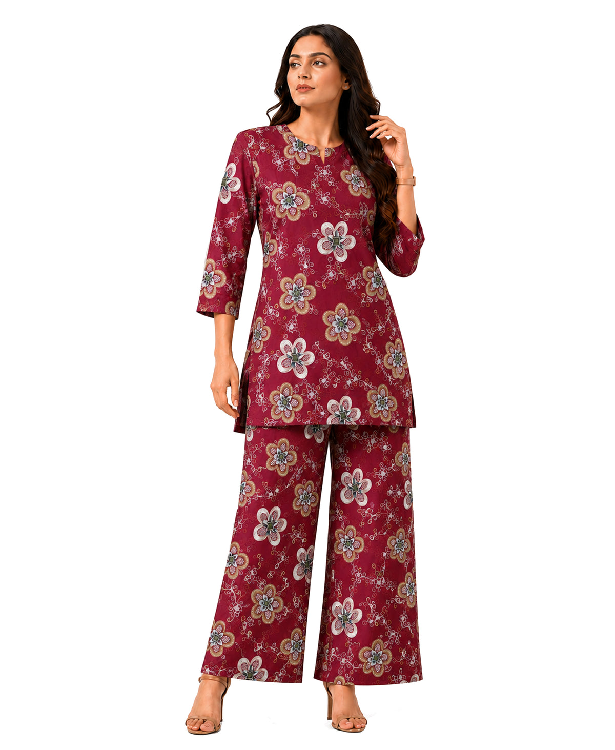Serenaire Elara Blossom Cluster Tunic Co-ord Set in Maroon — look 1