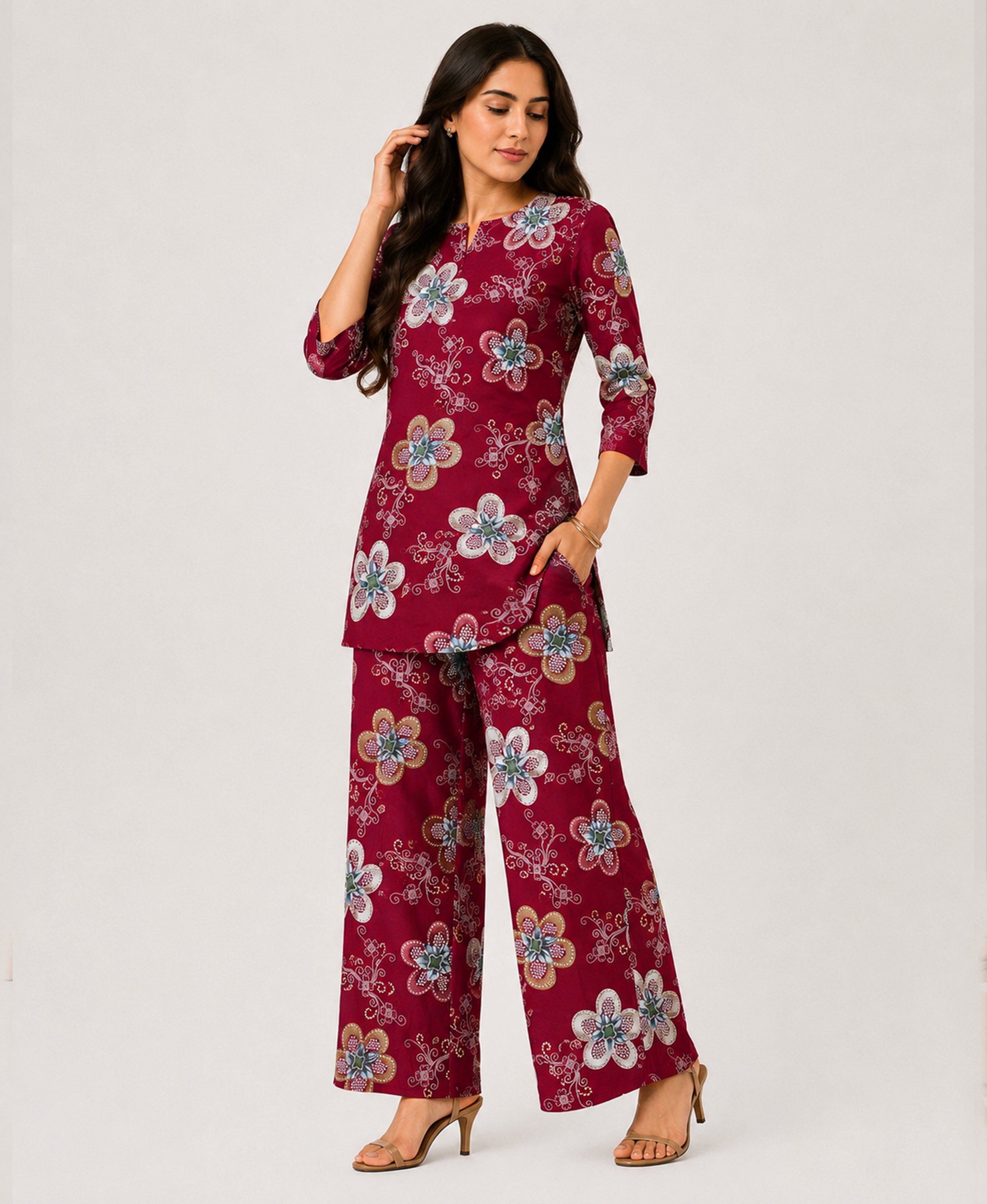 Serenaire Elara Blossom Cluster Tunic Co-ord Set in Maroon — look 2