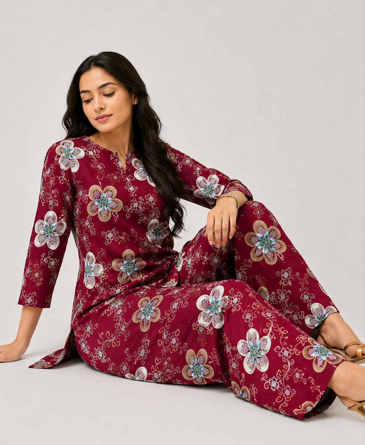 Serenaire Elara Blossom Cluster Tunic Co-ord Set in Maroon — look 3