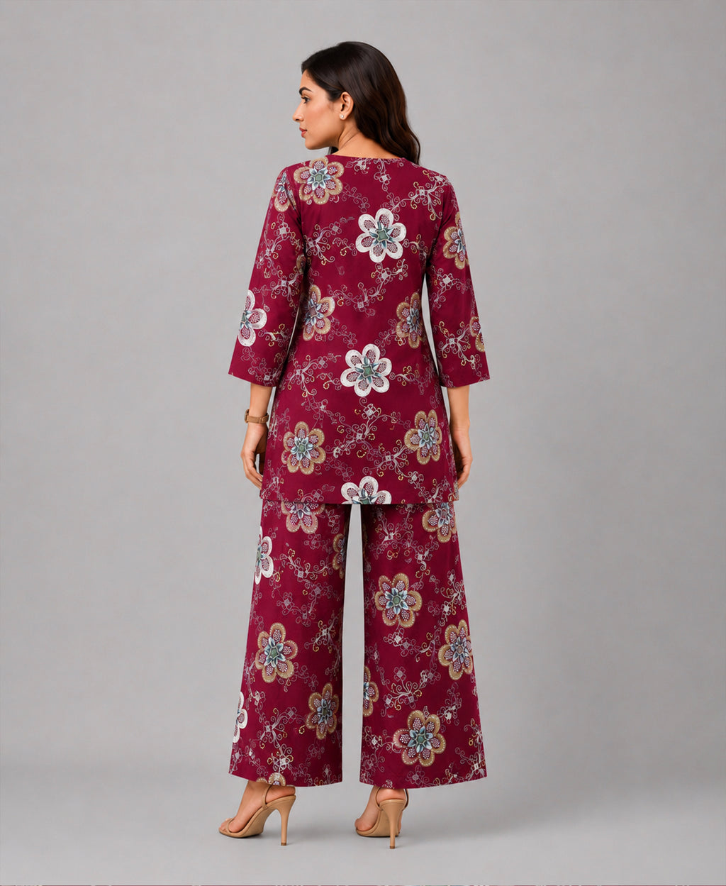 Serenaire Elara Blossom Cluster Tunic Co-ord Set in Maroon — look 4