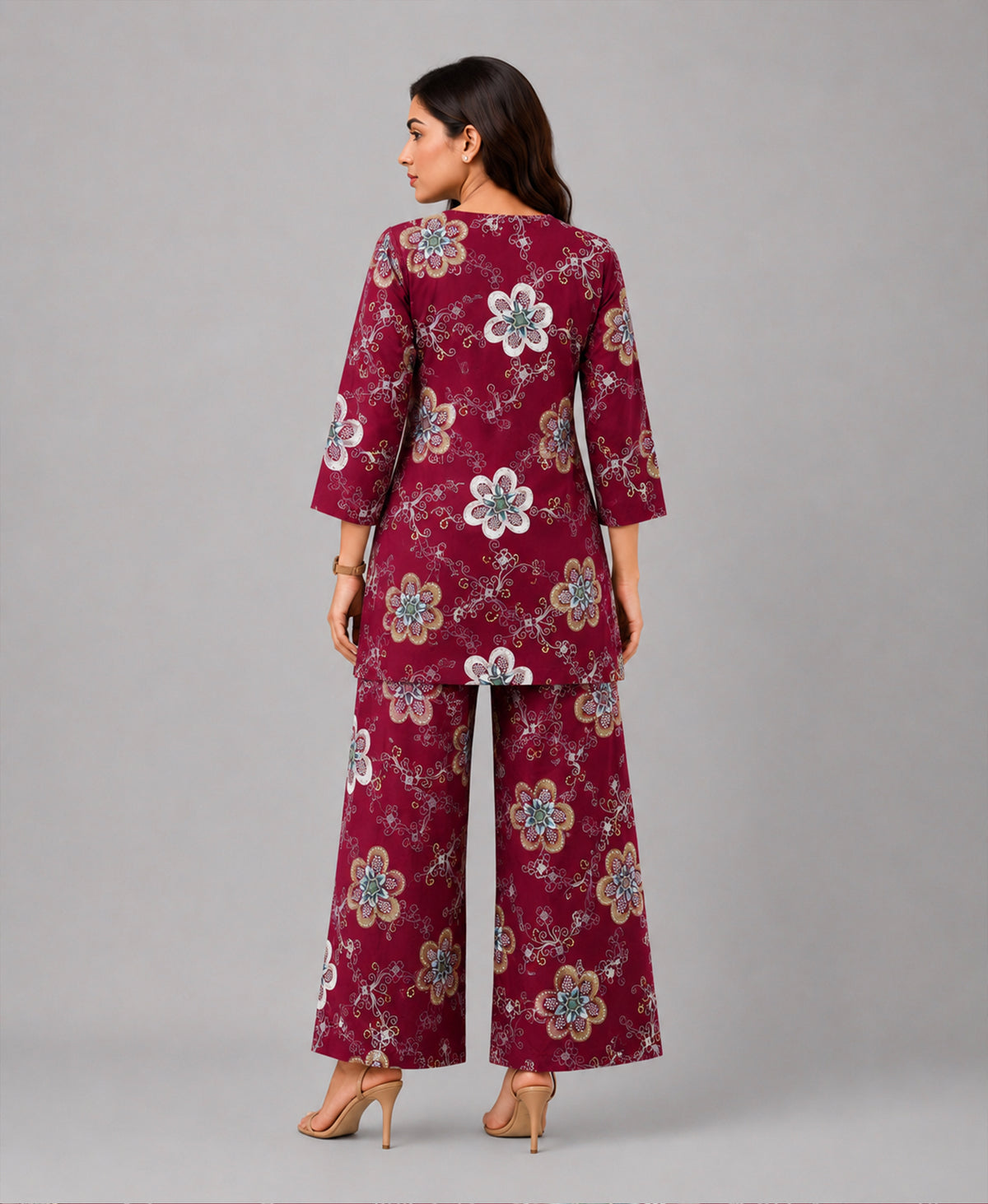Serenaire Elara Blossom Cluster Tunic Co-ord Set in Maroon — look 4