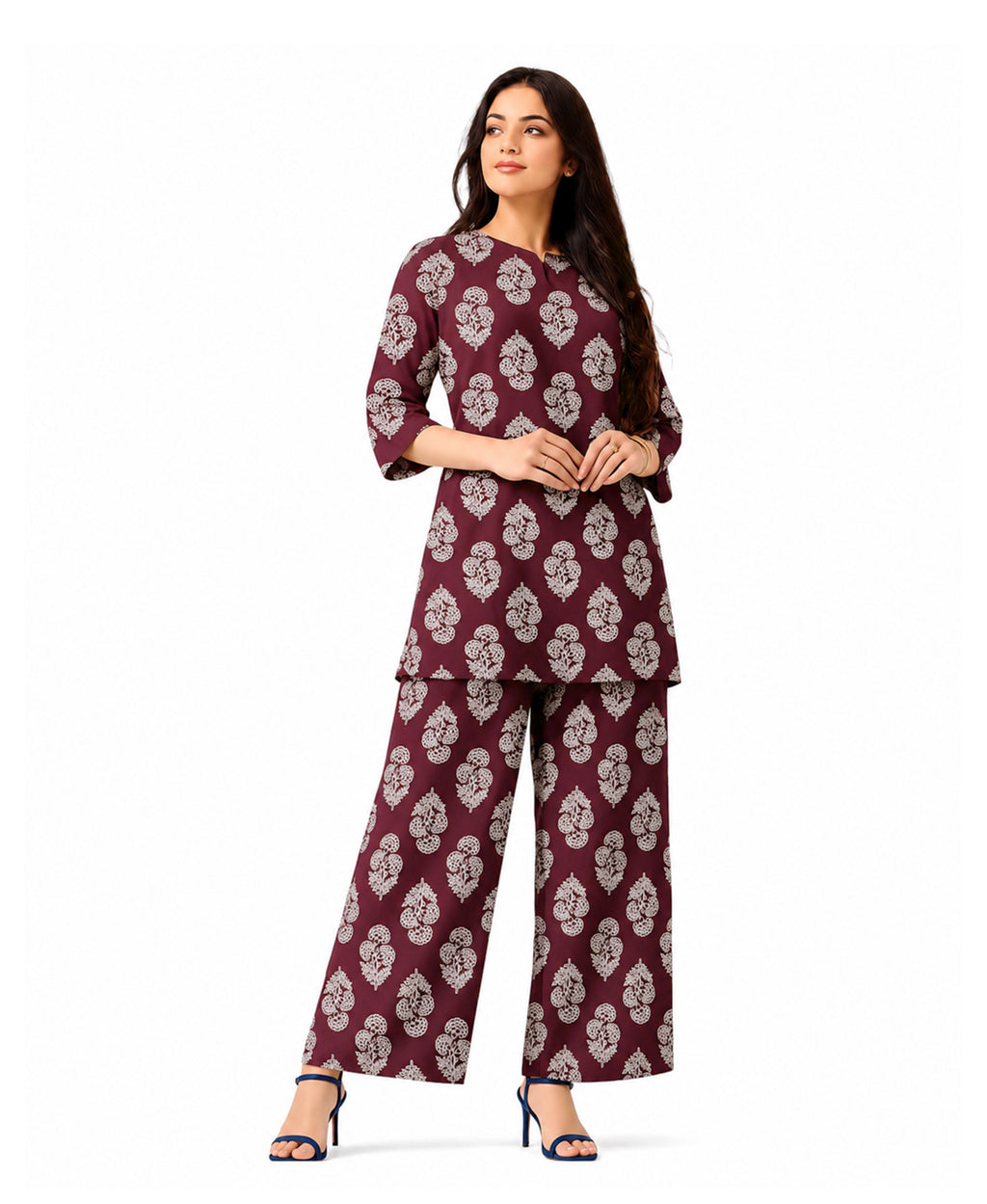 Serenaire Elara Buta Motif Tunic Co-ord Set in Maroon — look 1