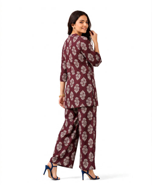 Serenaire Elara Buta Motif Tunic Co-ord Set in Maroon — look 2