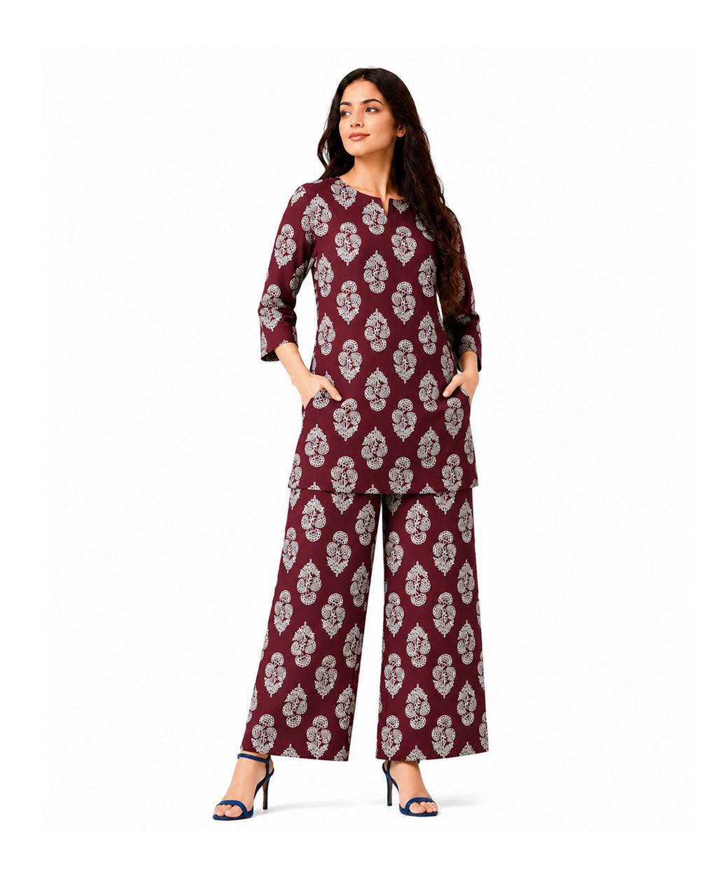 Serenaire Elara Buta Motif Tunic Co-ord Set in Maroon — look 3