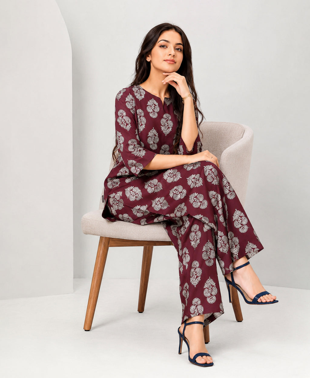 Serenaire Elara Buta Motif Tunic Co-ord Set in Maroon — look 4