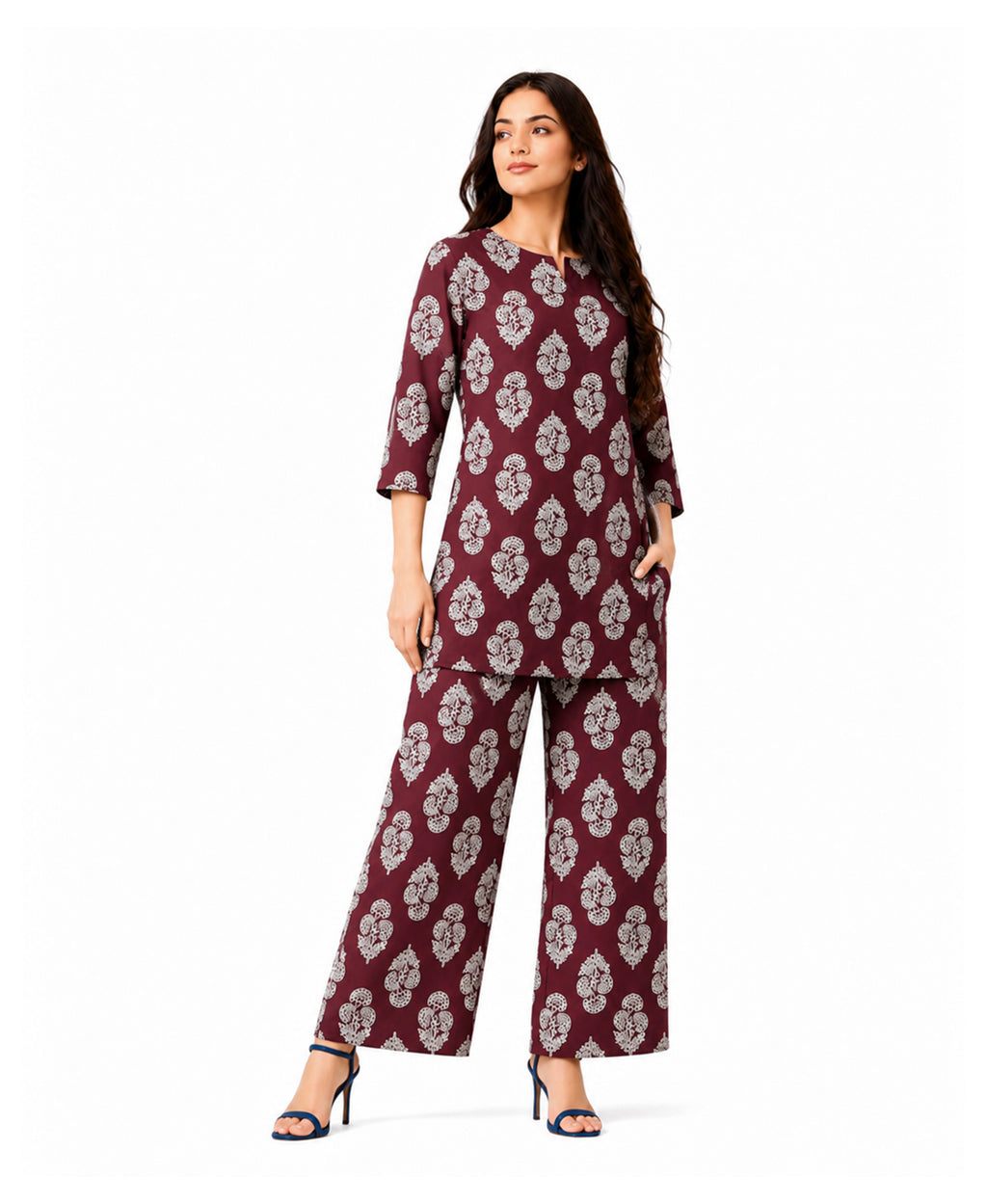 Serenaire Elara Buta Motif Tunic Co-ord Set in Maroon — look 5