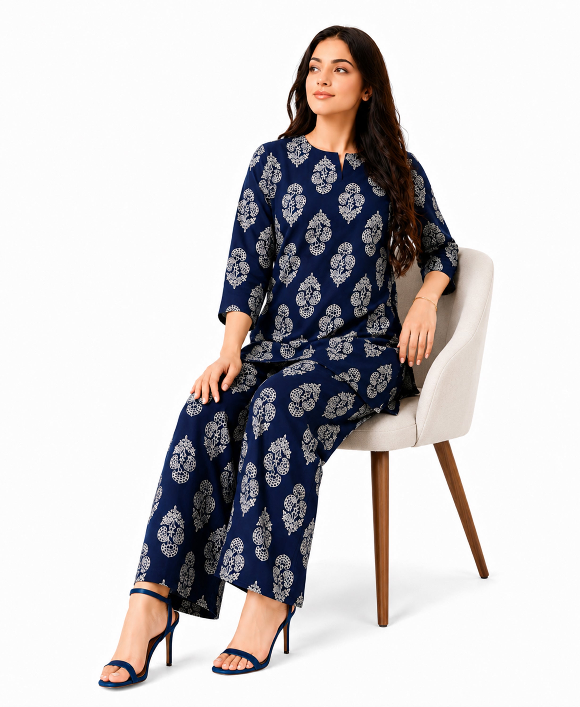 Serenaire Elara Buta Motif Tunic Co-ord Set in Navy Blue — look 1