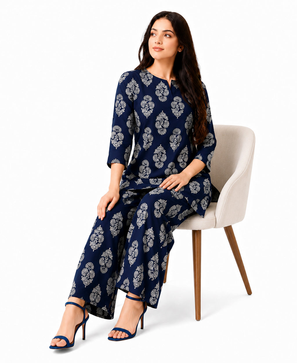 Serenaire Elara Buta Motif Tunic Co-ord Set in Navy Blue — look 3