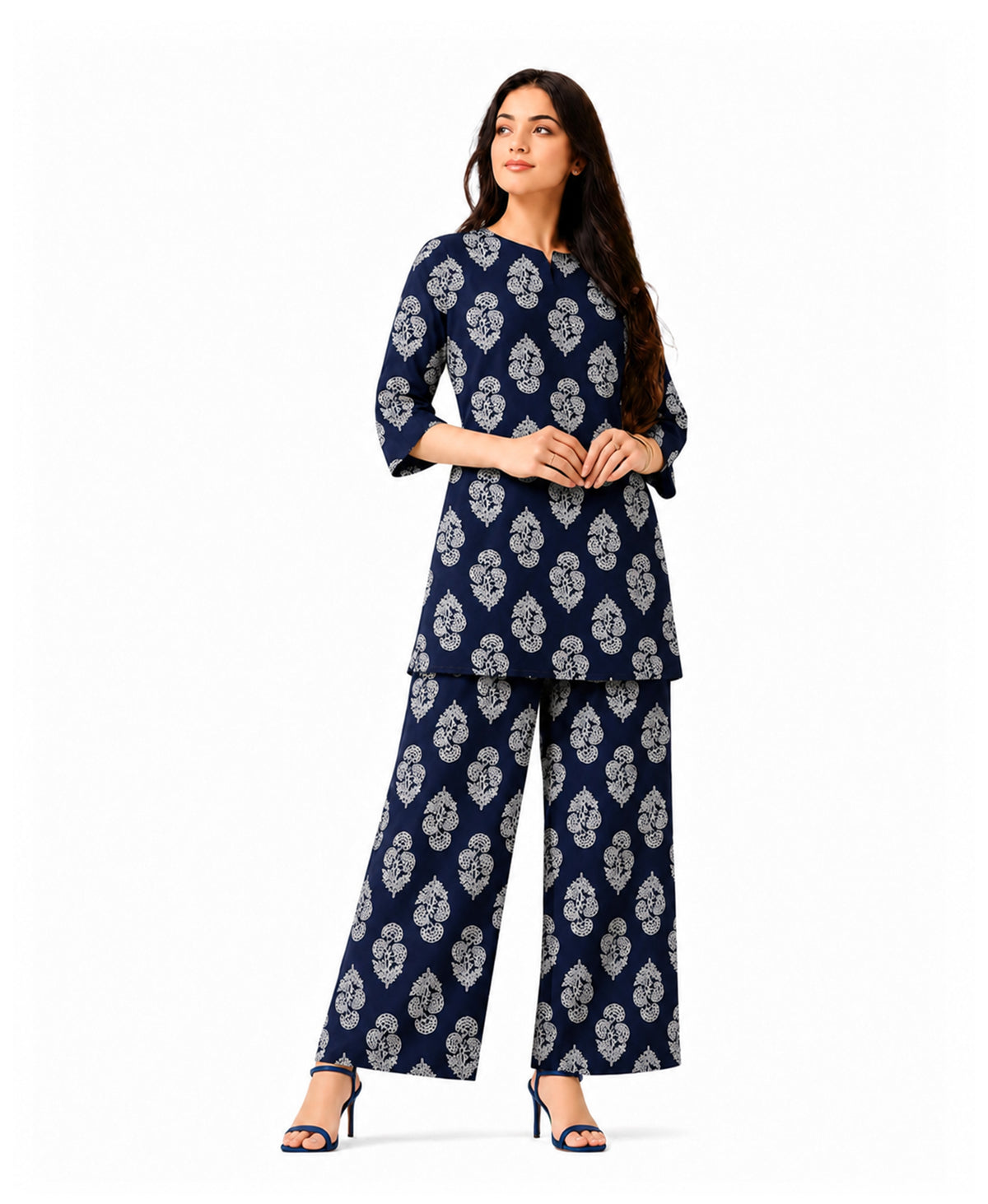 Serenaire Elara Buta Motif Tunic Co-ord Set in Navy Blue — look 4