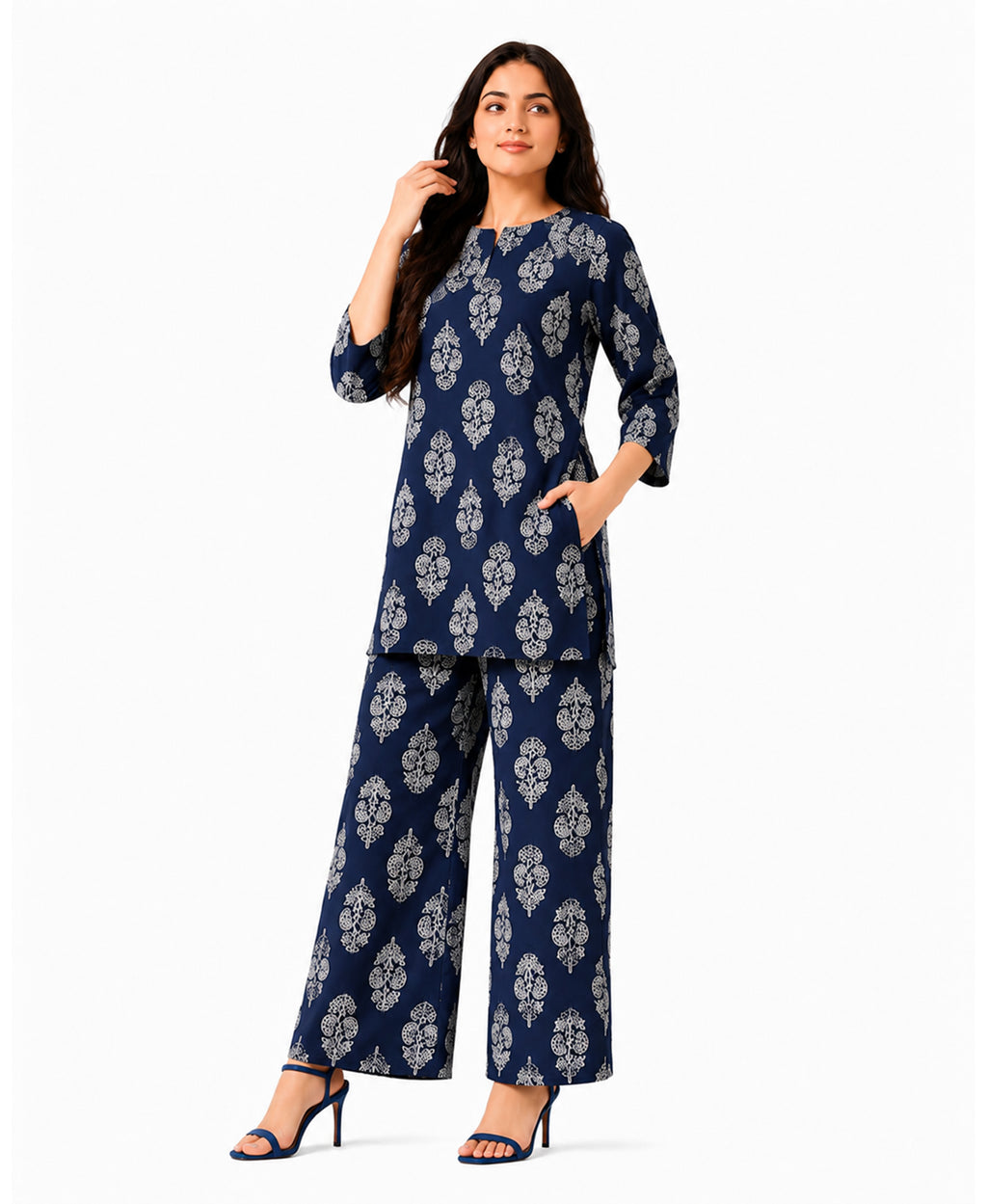 Serenaire Elara Buta Motif Tunic Co-ord Set in Navy Blue — look 5