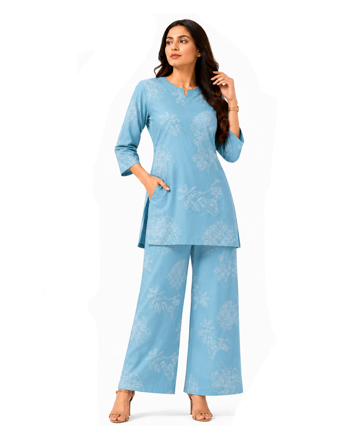 Serenaire Elara Coral Bloom Tunic Co-ord Set in Sky Blue — look 1