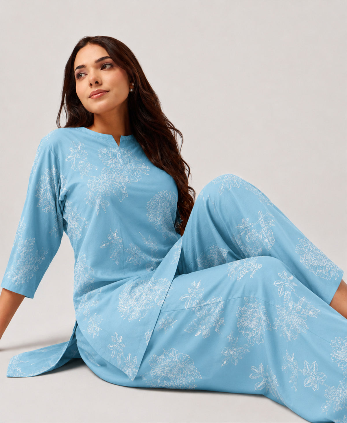 Serenaire Elara Coral Bloom Tunic Co-ord Set in Sky Blue — look 2