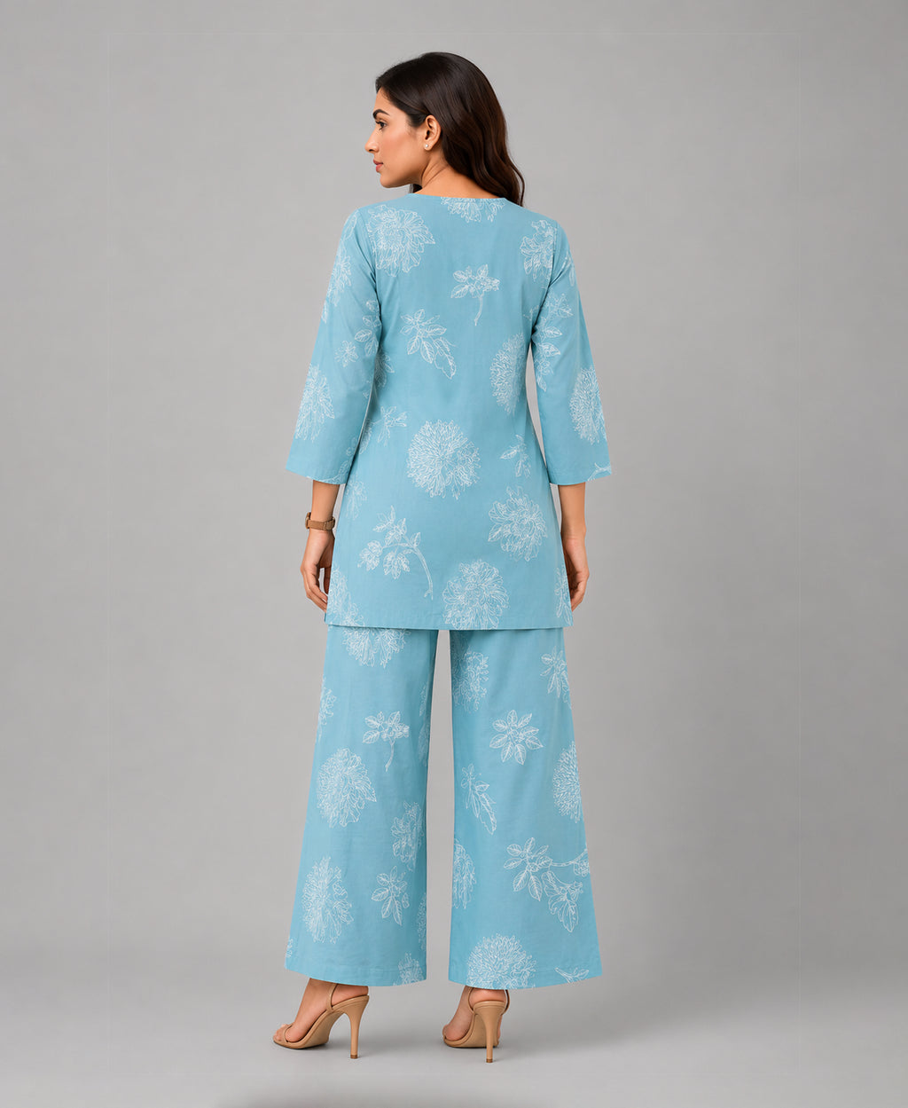 Serenaire Elara Coral Bloom Tunic Co-ord Set in Sky Blue — look 3