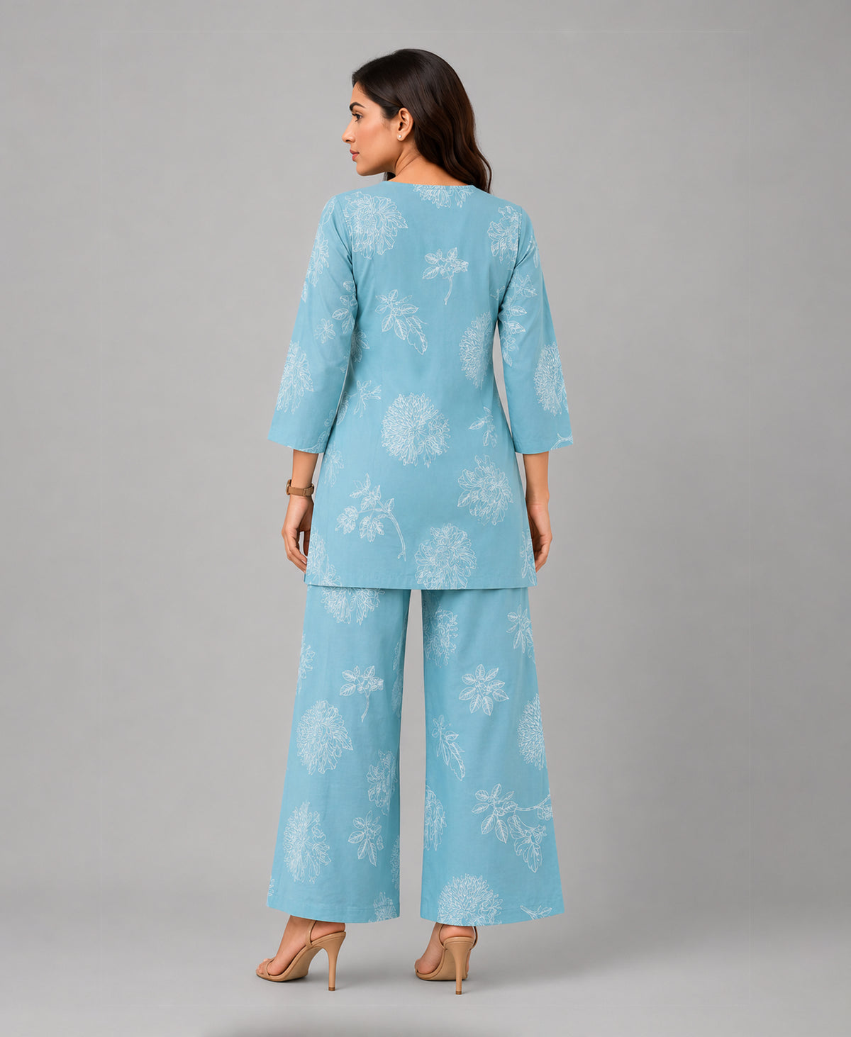 Serenaire Elara Coral Bloom Tunic Co-ord Set in Sky Blue — look 3