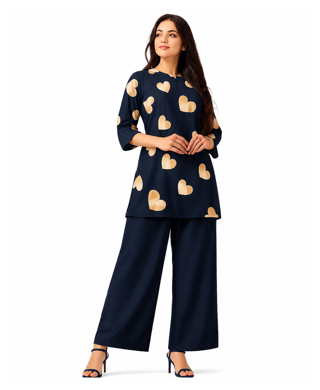 Serenaire Elara Heart Motif Tunic Co-ord Set in Navy Blue — look 1