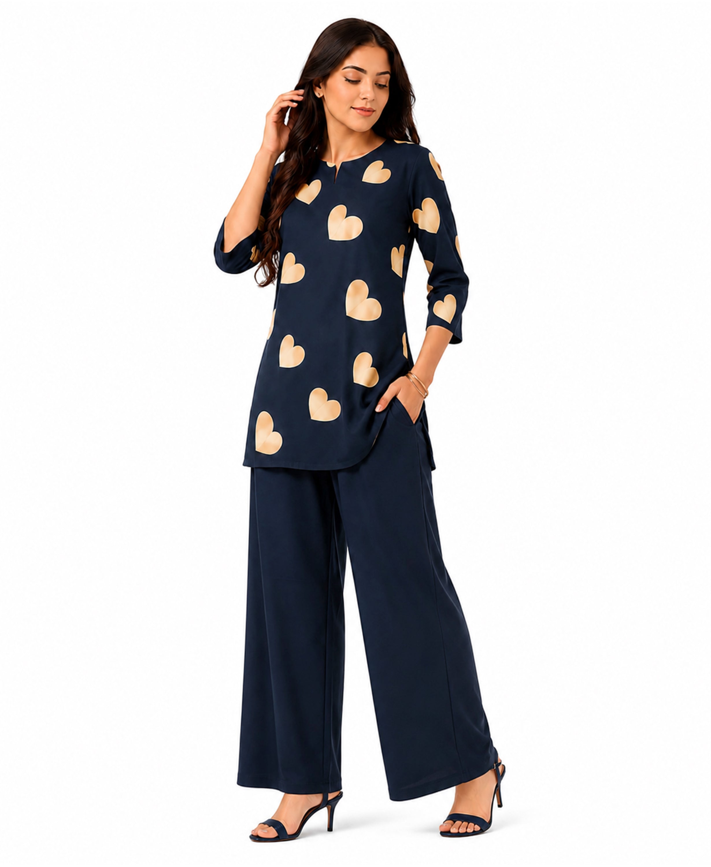 Serenaire Elara Heart Motif Tunic Co-ord Set in Navy Blue — look 3