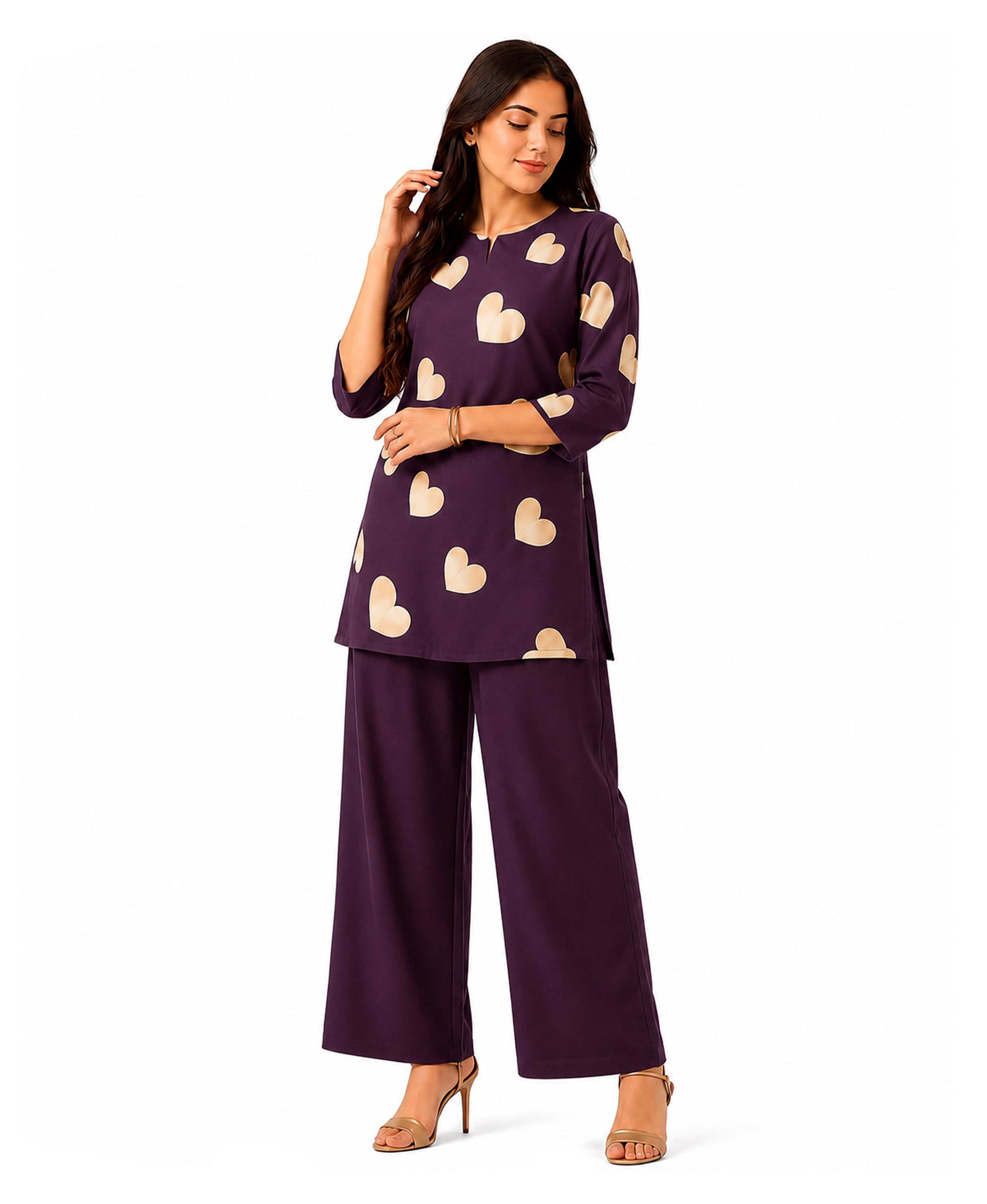 Serenaire Elara Heart Motif Tunic Co-ord Set in Wine — look 1