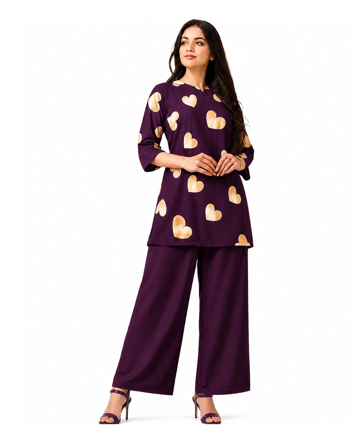 Serenaire Elara Heart Motif Tunic Co-ord Set in Wine — look 2