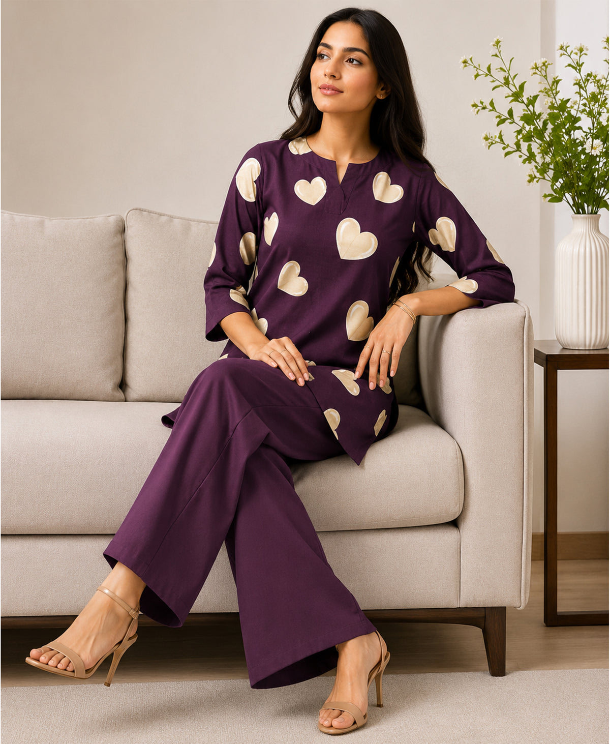 Serenaire Elara Heart Motif Tunic Co-ord Set in Wine — look 3