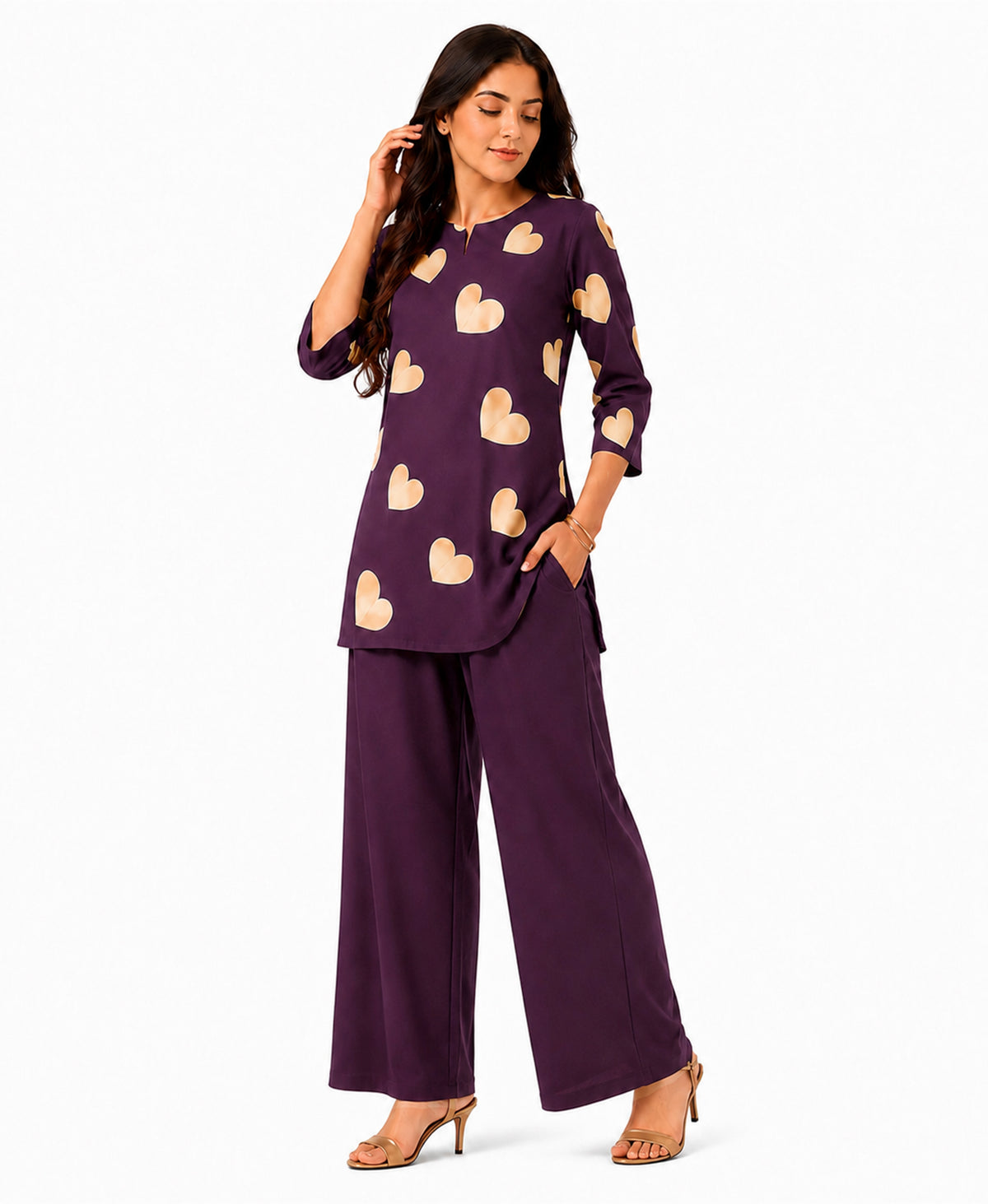 Serenaire Elara Heart Motif Tunic Co-ord Set in Wine — look 4