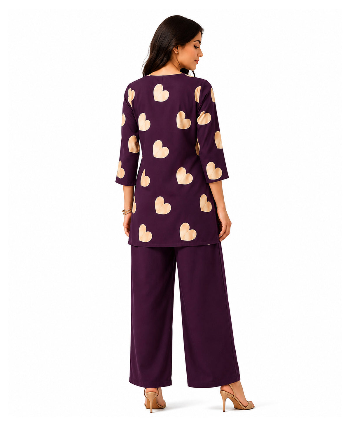 Serenaire Elara Heart Motif Tunic Co-ord Set in Wine — look 5
