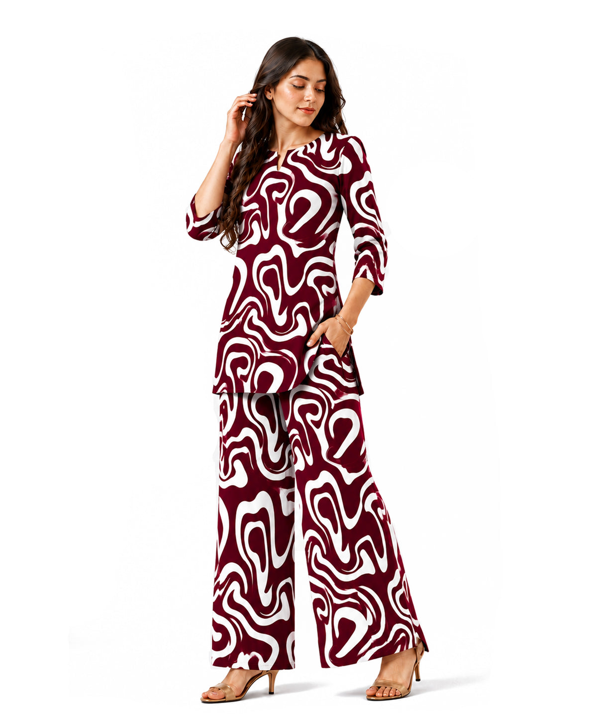 Serenaire Elara Ribbon Swirl Tunic Co-ord Set in Maroon — look 1