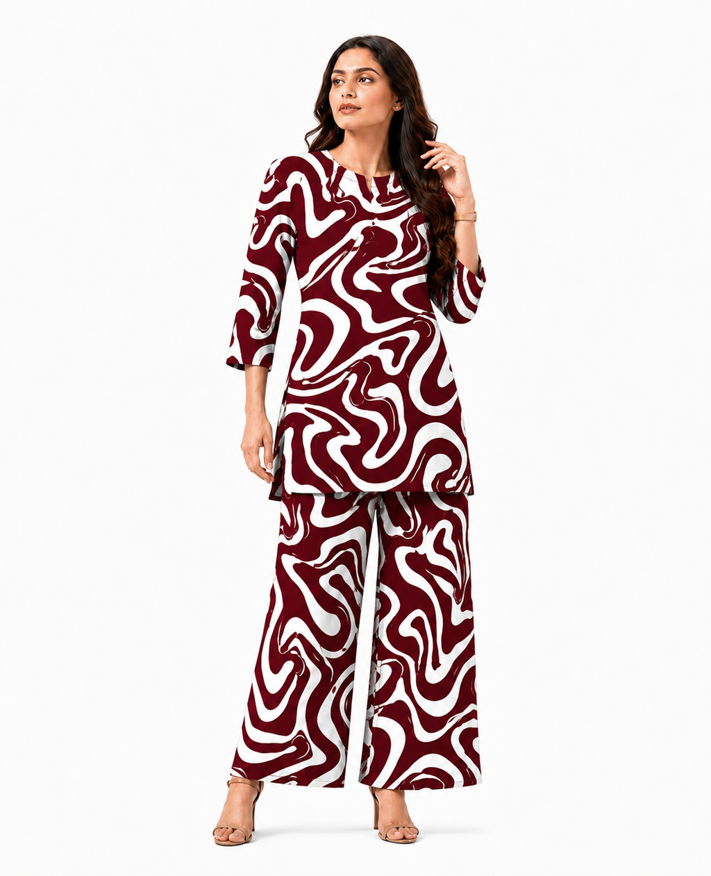 Serenaire Elara Ribbon Swirl Tunic Co-ord Set in Maroon — look 2