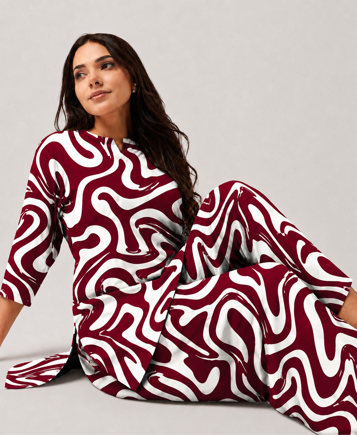 Serenaire Elara Ribbon Swirl Tunic Co-ord Set in Maroon — look 3