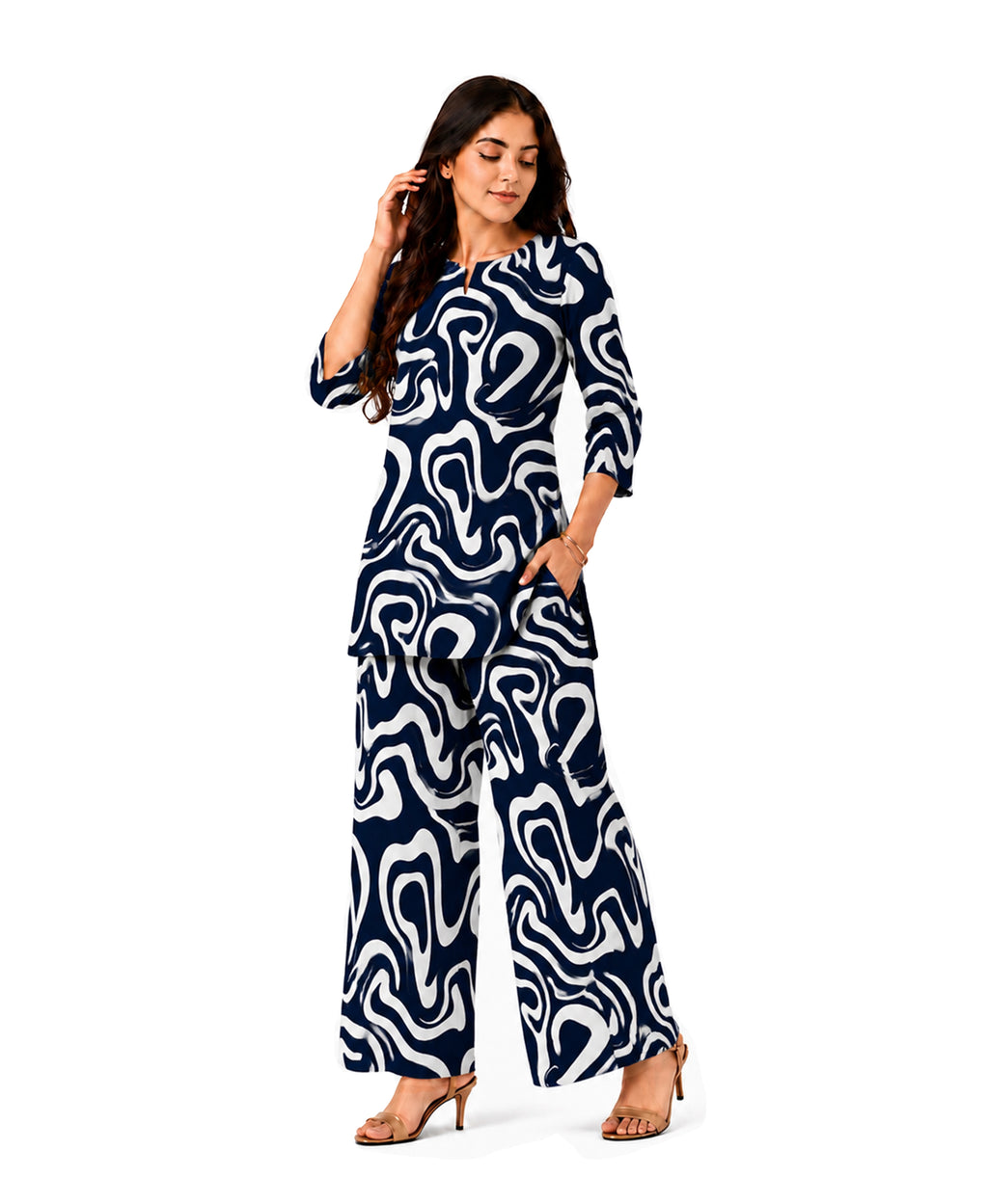 Serenaire Elara Ribbon Swirl Tunic Co-ord Set in Navy Blue — look 1