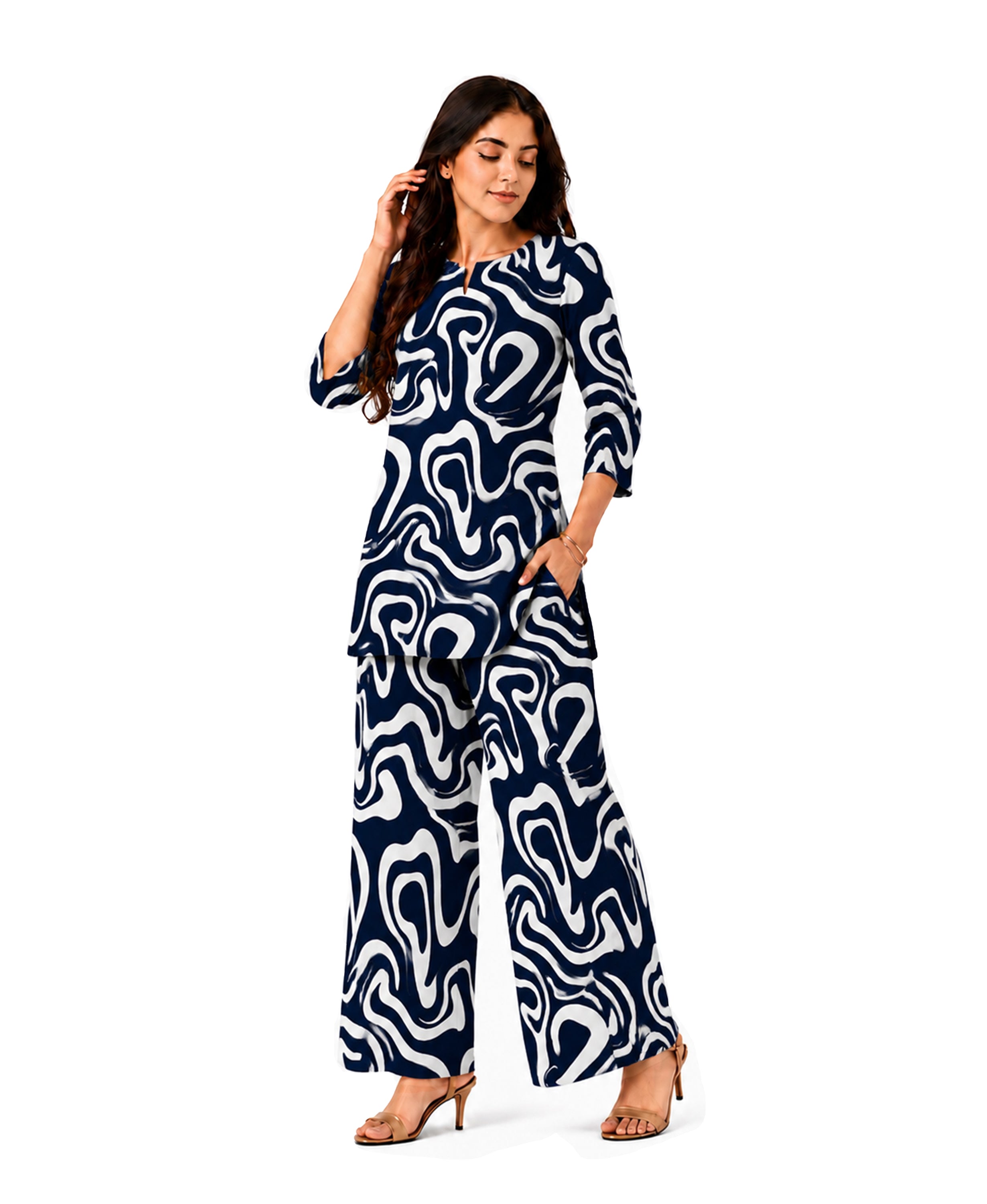 Serenaire Elara Ribbon Swirl Tunic Co-ord Set in Navy Blue — look 1