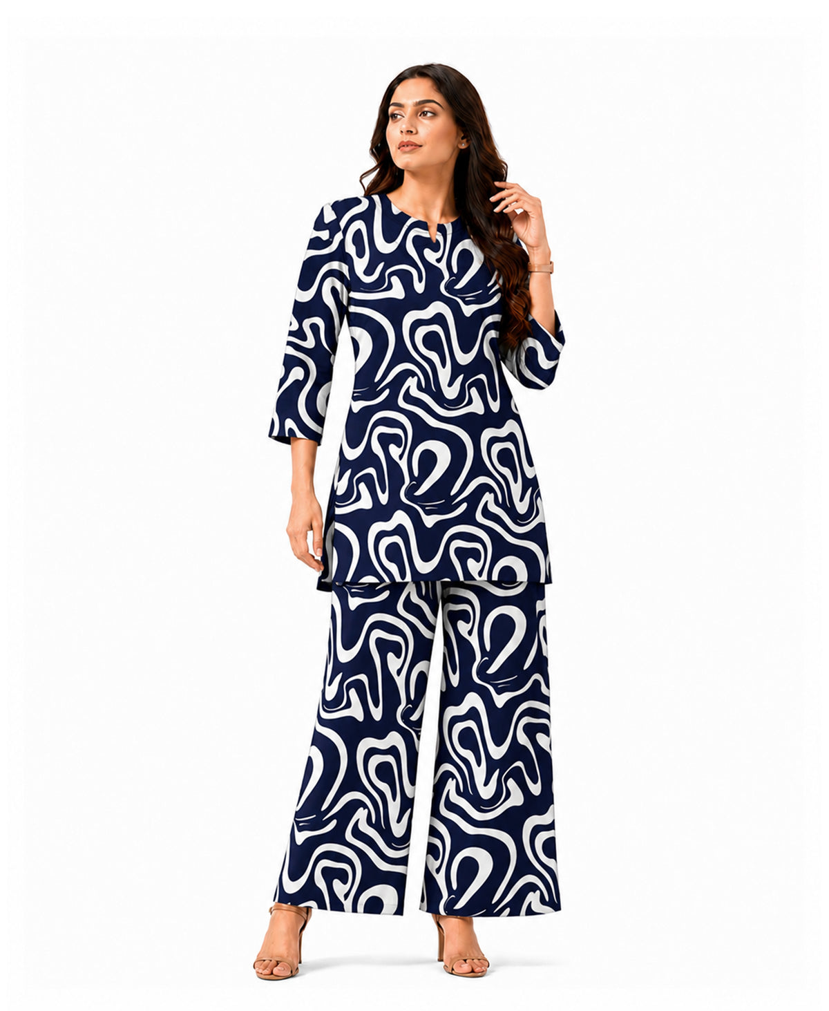 Serenaire Elara Ribbon Swirl Tunic Co-ord Set in Navy Blue — look 2