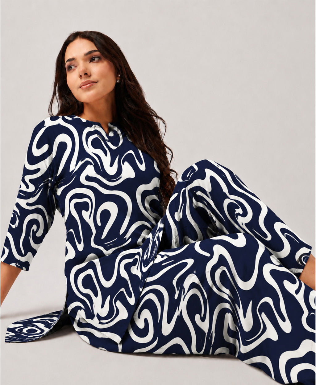Serenaire Elara Ribbon Swirl Tunic Co-ord Set in Navy Blue — look 3