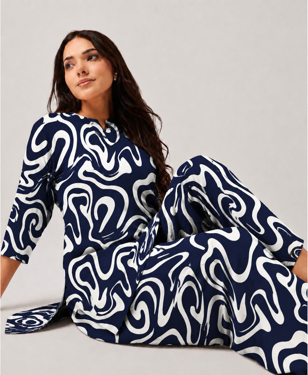 Serenaire Elara Ribbon Swirl Tunic Co-ord Set in Navy Blue — look 3