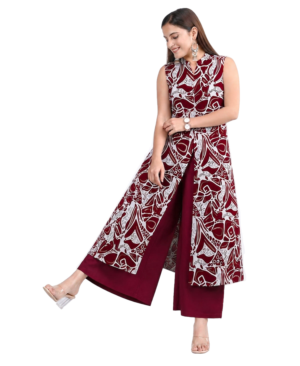 Serenaire Luna Abstract Line Front-Open Kurthi Set in Maroon — look 1
