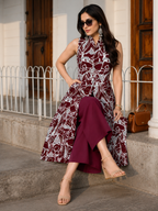 Serenaire Luna Abstract Line Front-Open Kurthi Set in Maroon — look 2