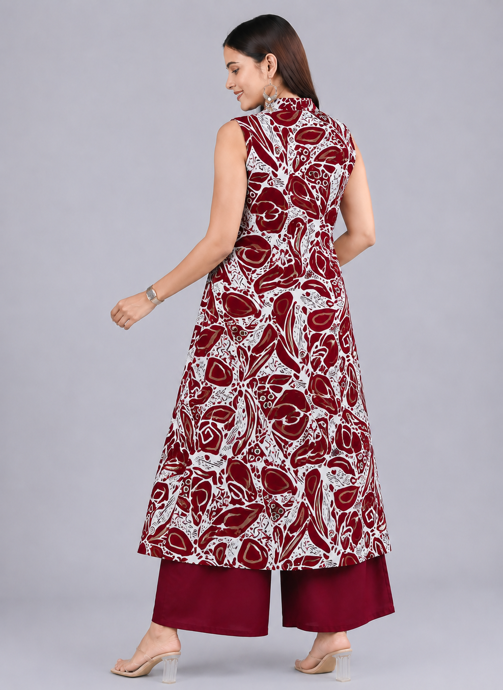Serenaire Luna Abstract Line Front-Open Kurthi Set in Maroon — look 3