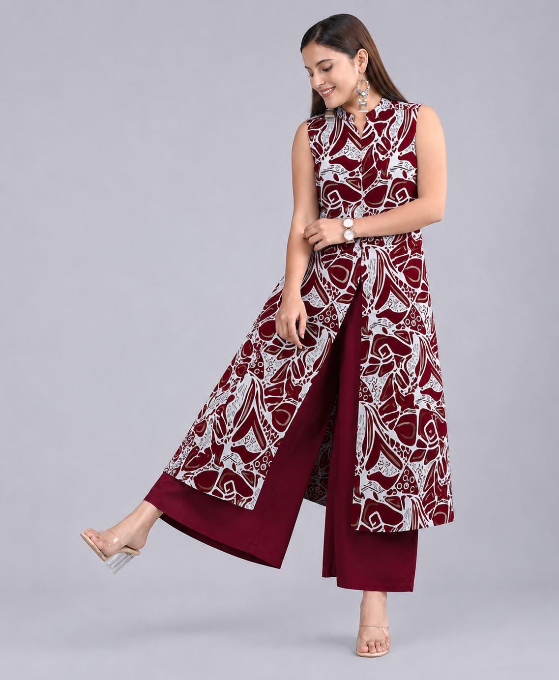 Serenaire Luna Abstract Line Front-Open Kurthi Set in Maroon — look 4