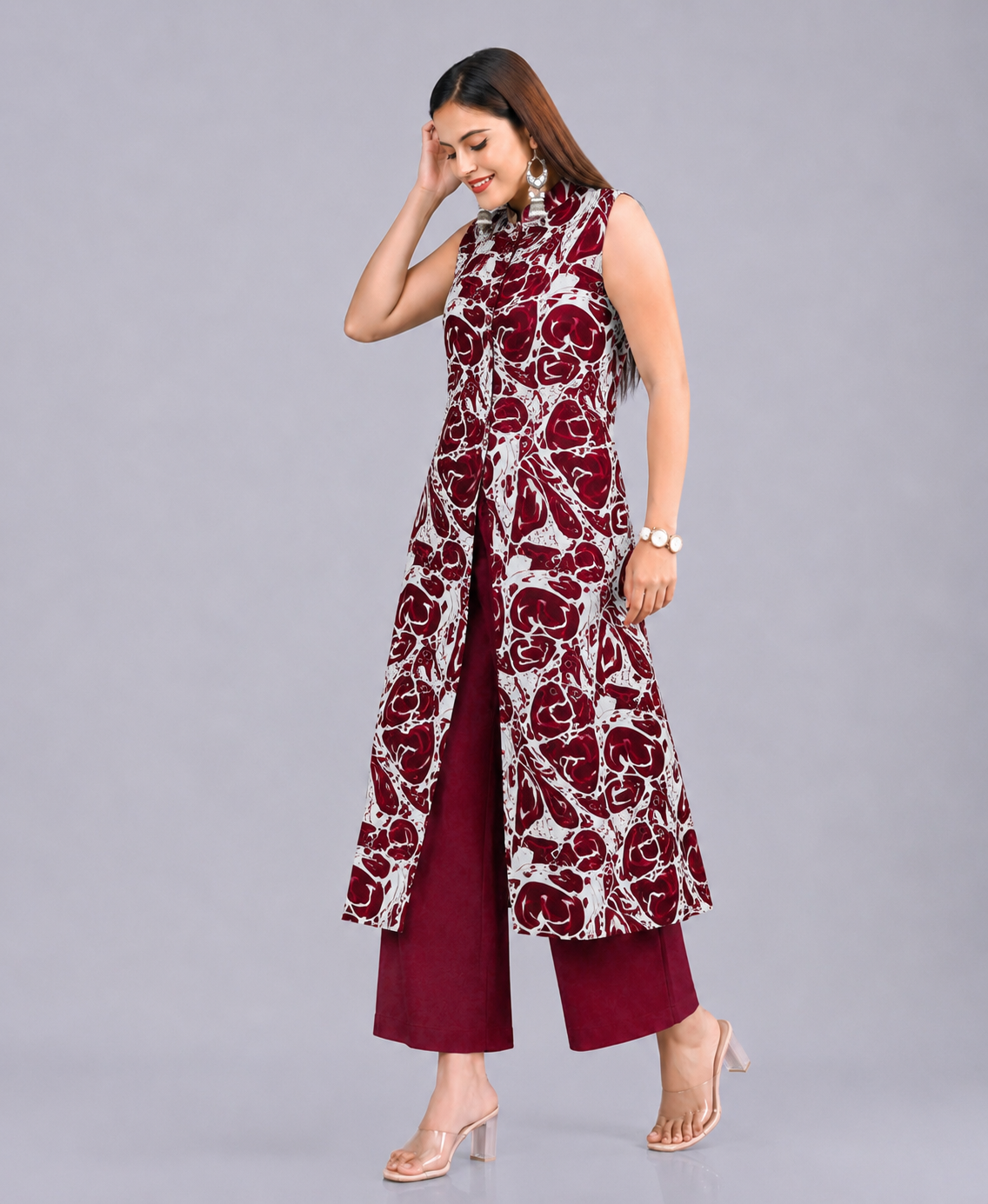 Serenaire Luna Abstract Line Front-Open Kurthi Set in Maroon — look 5