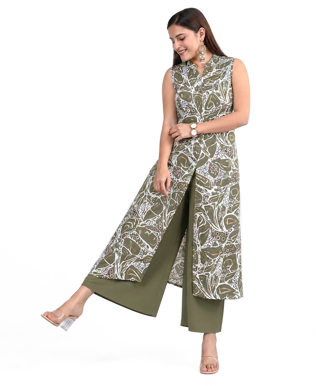 Serenaire Luna Abstract Line Front-Open Kurthi Set in Olive Green — look 1