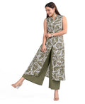 Serenaire Luna Abstract Line Front-Open Kurthi Set in Olive Green — look 1